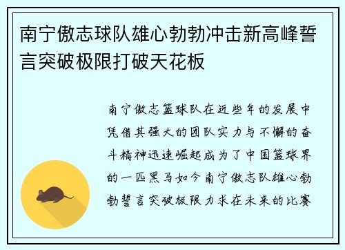 南宁傲志球队雄心勃勃冲击新高峰誓言突破极限打破天花板