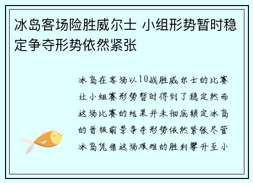 冰岛客场险胜威尔士 小组形势暂时稳定争夺形势依然紧张