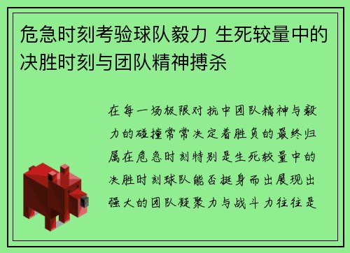 危急时刻考验球队毅力 生死较量中的决胜时刻与团队精神搏杀